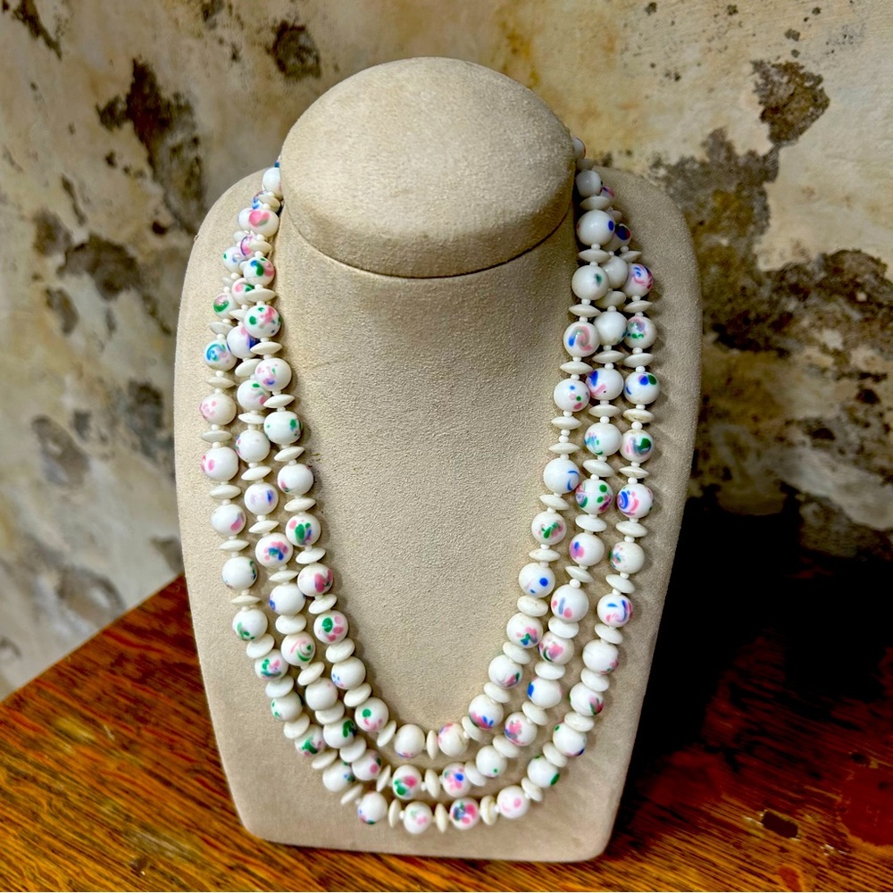 Vtg MC JAPAN Hand Painted Pink & Blue Flower Porcelain Bead 3-Strand Necklace